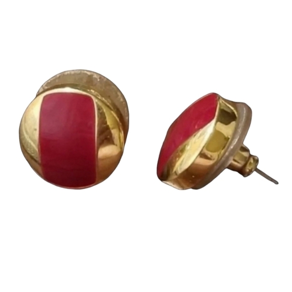 MONET 90S VINTAGE GOLDTONED & RED ENAMEL BUTTON STYLE EARRINGS - Picture 2 of 4